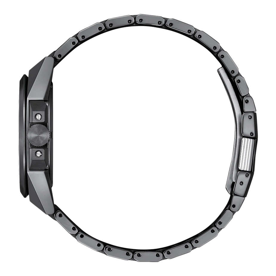 Side view of a dark gray watch with a metal band, close-up.