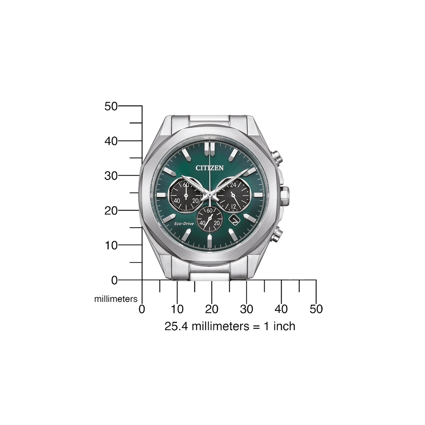 Citizen watch with green face, silver band, and chronograph features, measuring millimeters.