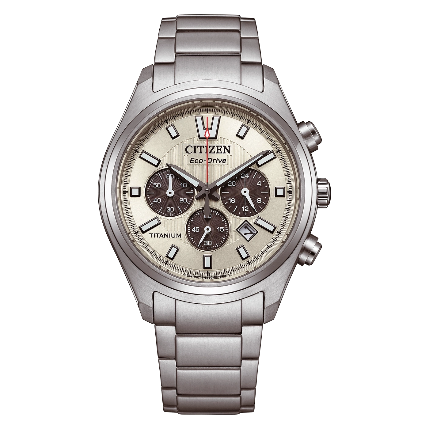 A Citizen Eco-Drive titanium chronograph watch with a champagne dial and silver band.