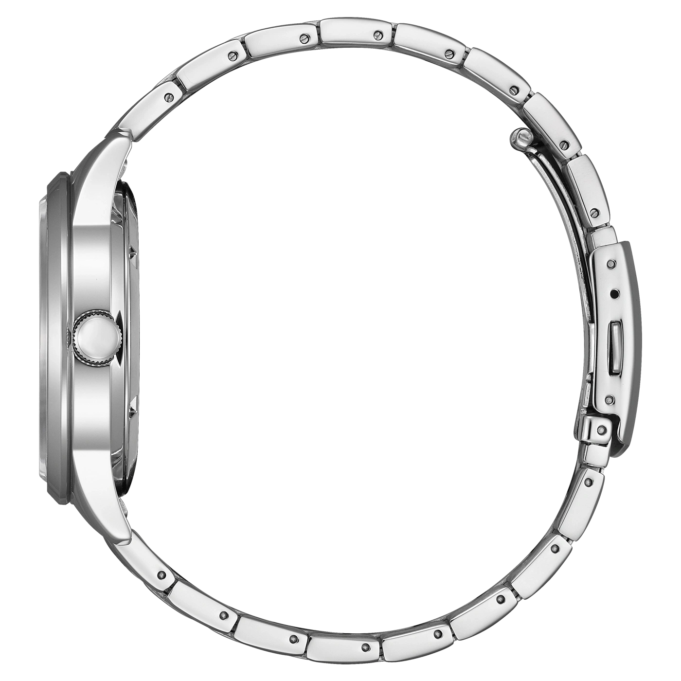 Side view of a silver wristwatch with a metal band, elegant design.