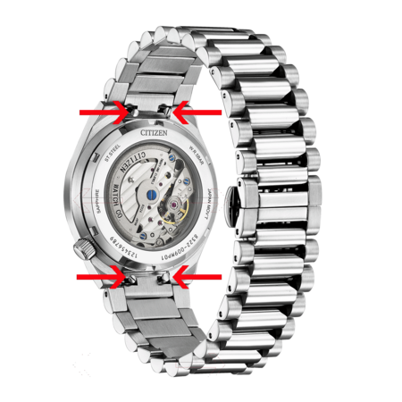 Citizen watch back with visible mechanism, stainless steel band, and markings.