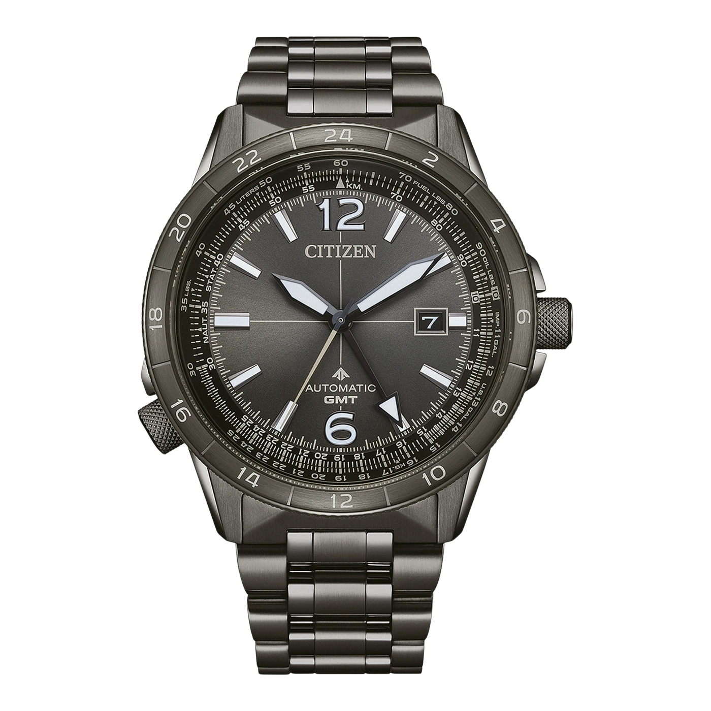 Citizen watch with a dark gray face and a metal band, showing time and date.