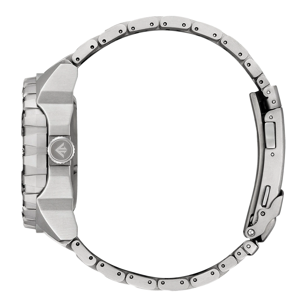 Side view of a silver watch with a metal band and a round face.