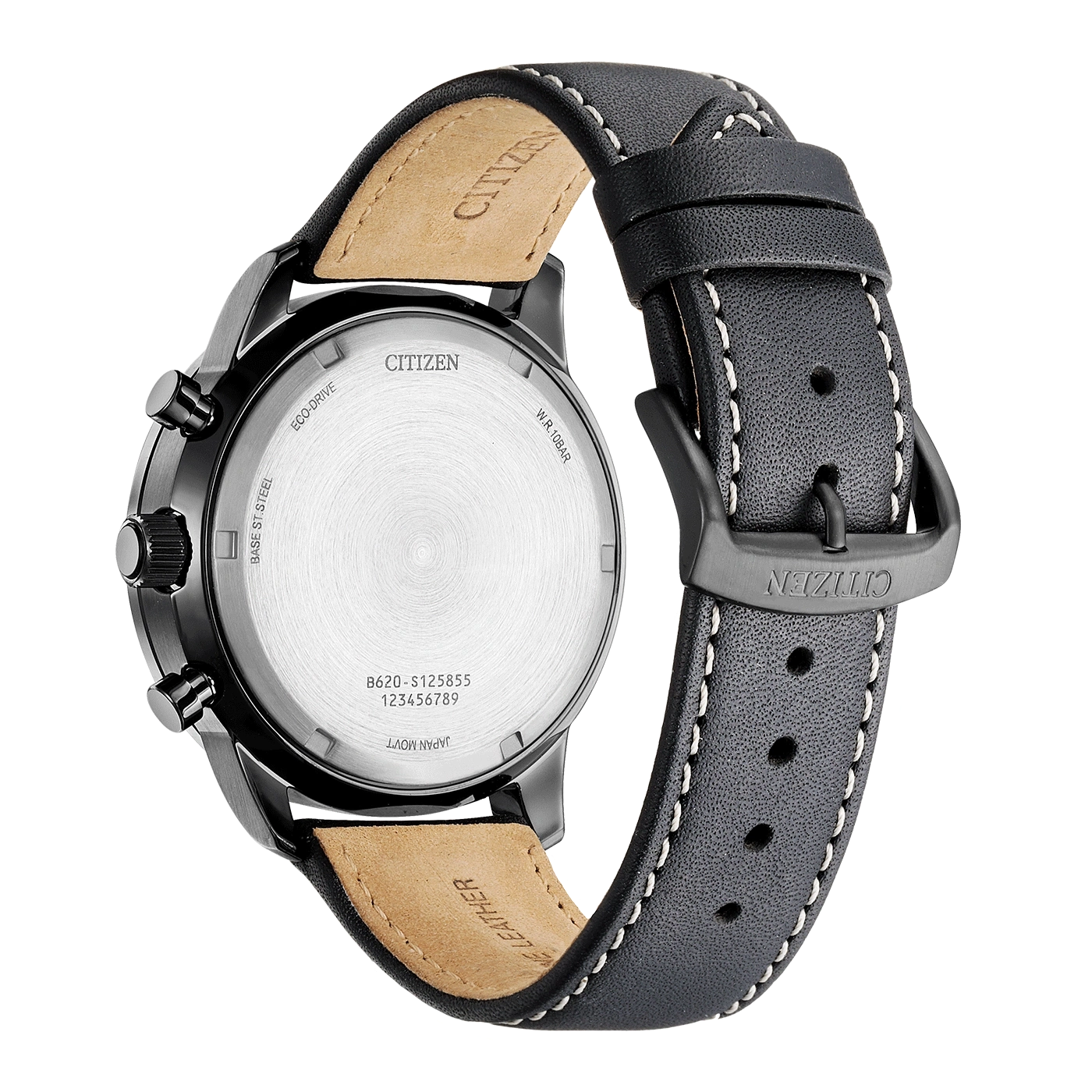 Citizen watch back, black leather strap, Eco-Drive, stainless steel, Japan movement.