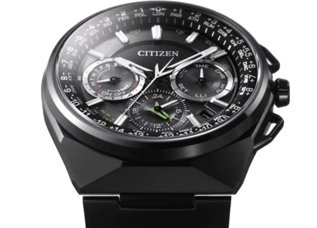 Citizen watch with multiple dials and time zone indicators, black design.