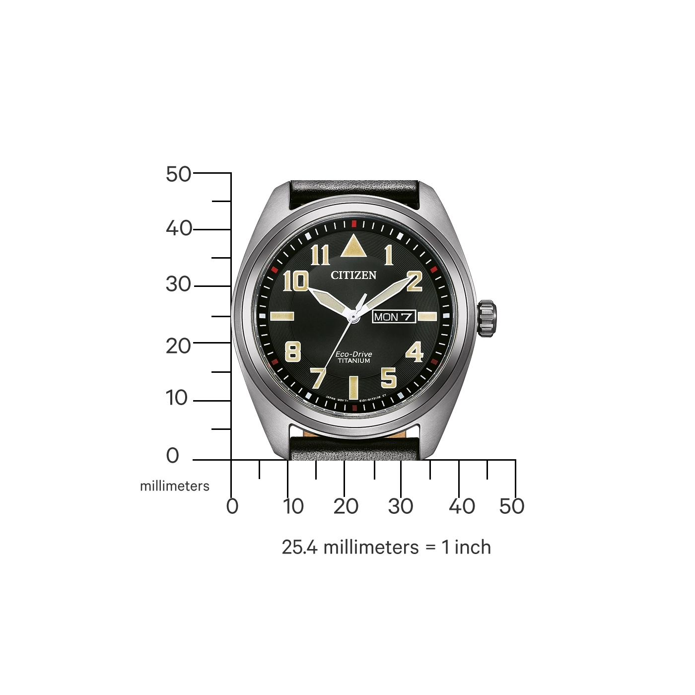 Citizen watch with black face, titanium, Eco-Drive, and day/date display.