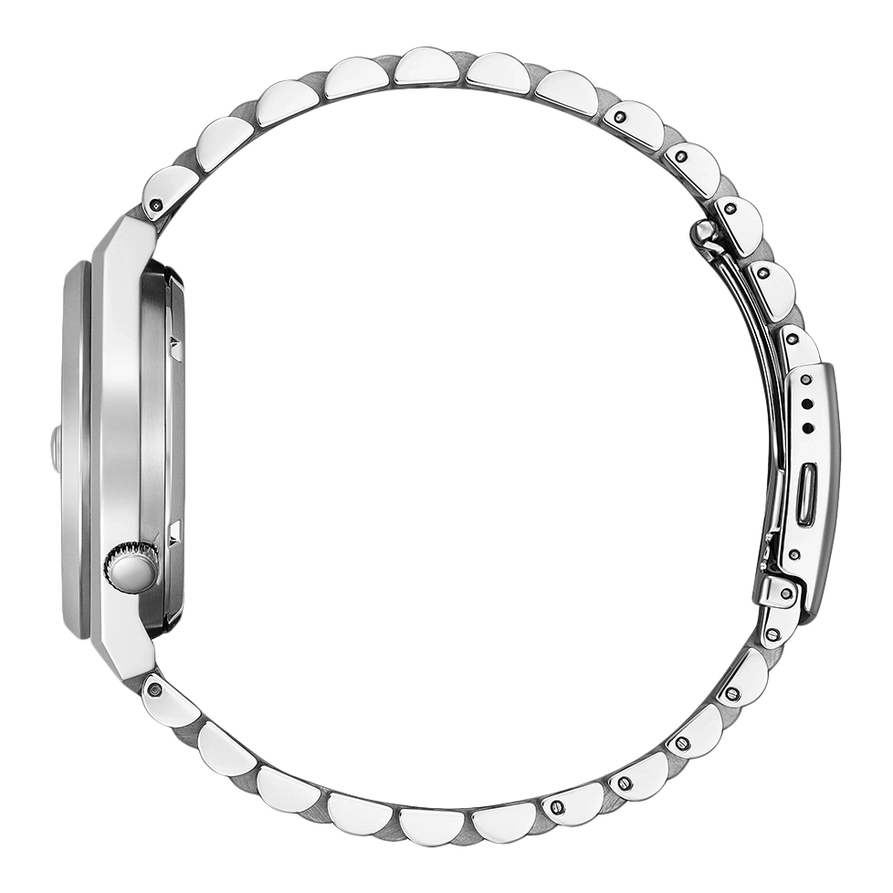 Side view of a silver wristwatch with a metal band, close-up.