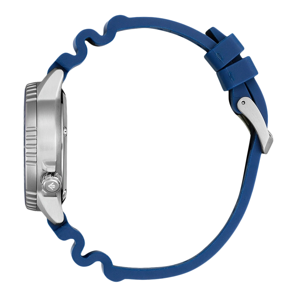 Side view of a blue watch with a silver case and blue strap.
