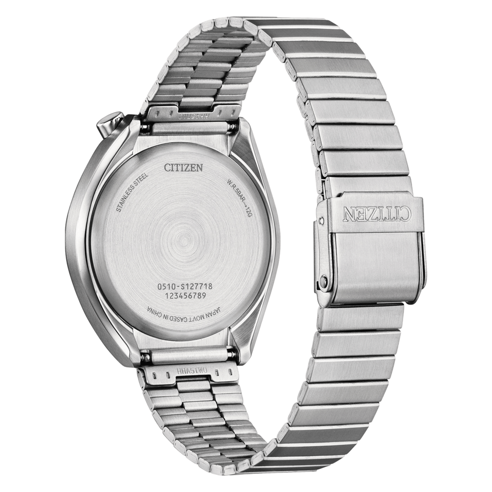 Back of a stainless steel Citizen watch with model and serial numbers.