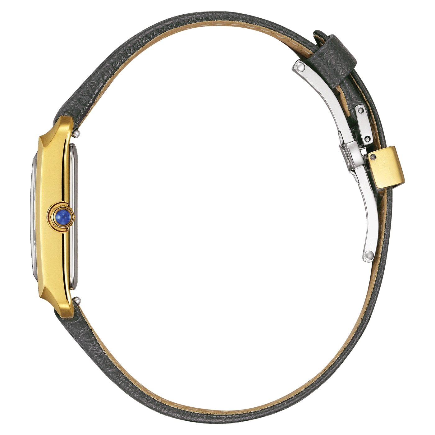 Gold watch with a blue gem and a black leather strap, side view.