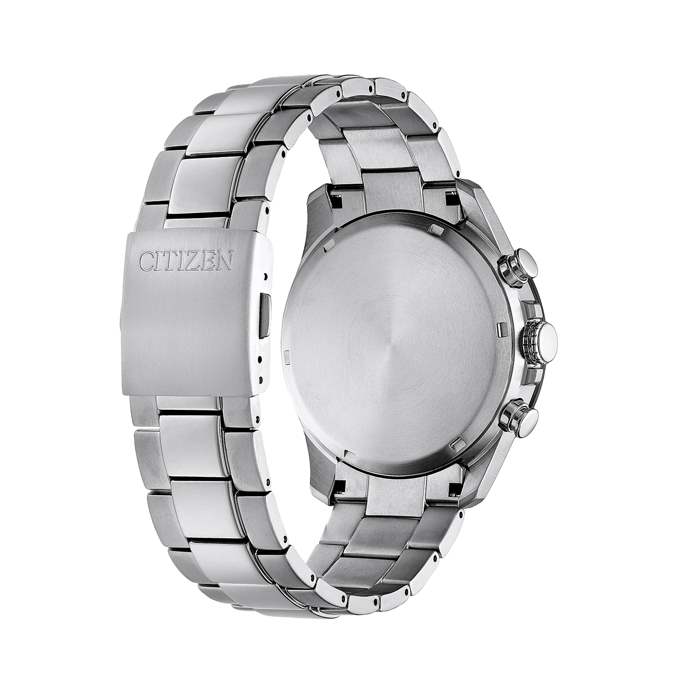 Citizen watch, stainless steel, back view, metal bracelet, chronograph buttons