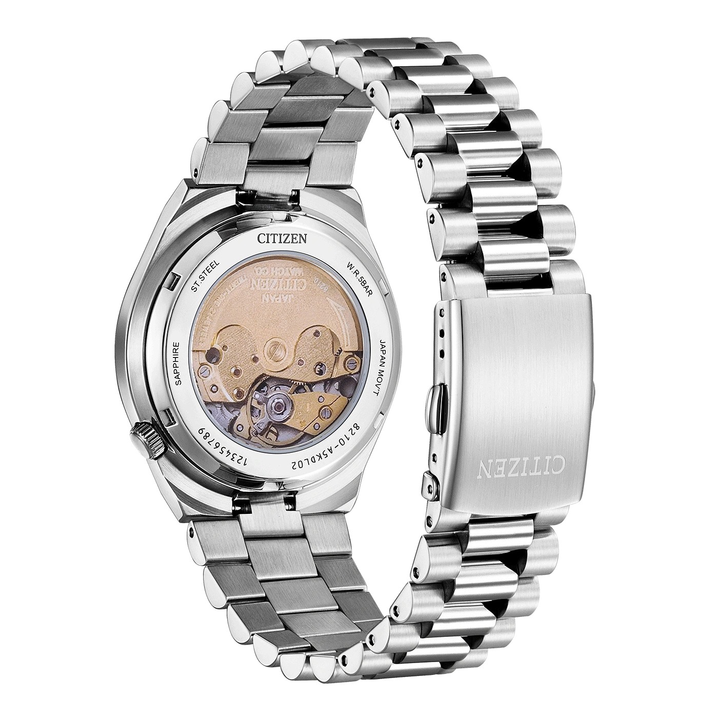 Citizen watch back, steel, sapphire, Japan movement, 5 bar water resistance, automatic