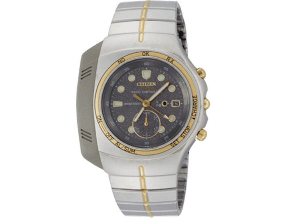 Citizen watch with a dark face, gold accents, and a silver band.