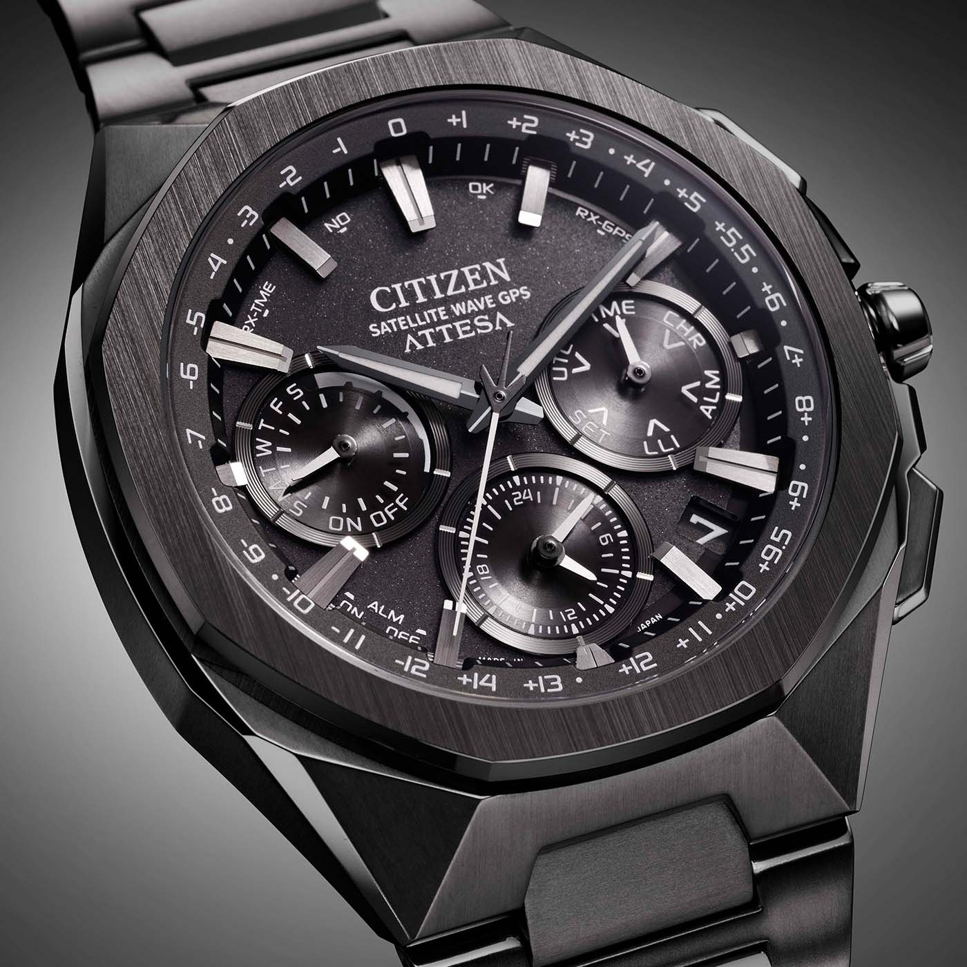 Citizen Attesa watch, black, satellite wave GPS, time, date, chronograph, alarm, Japan