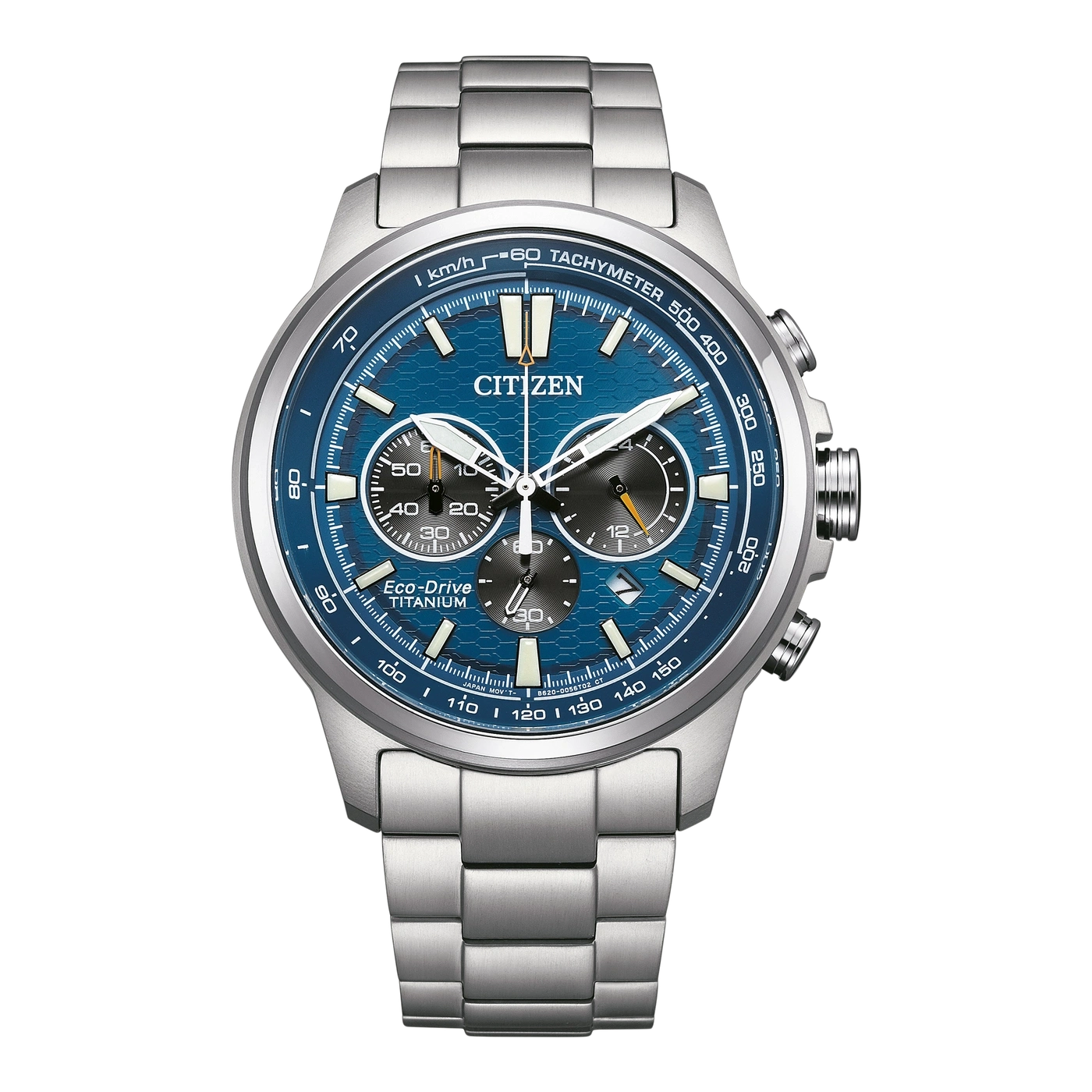 Citizen watch with blue dial and titanium strap, chronograph function.