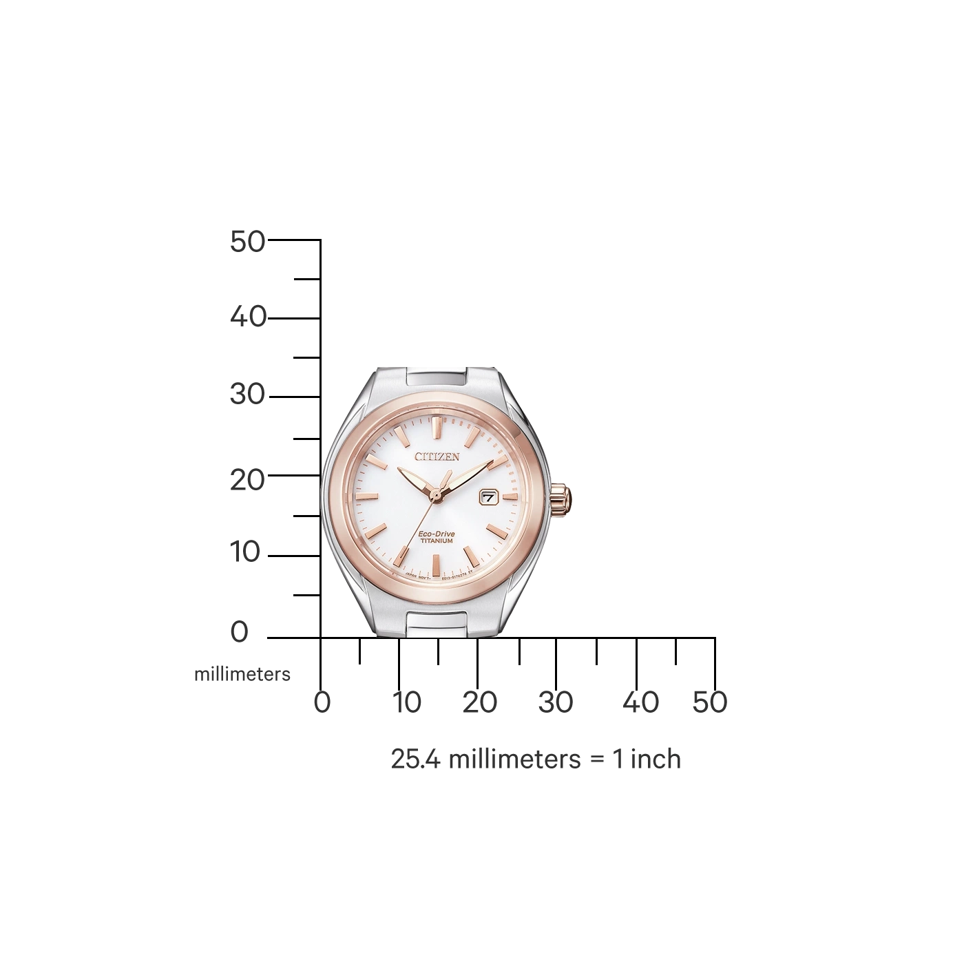 Citizen watch with white face, rose gold accents, and titanium band. Eco-Drive technology.