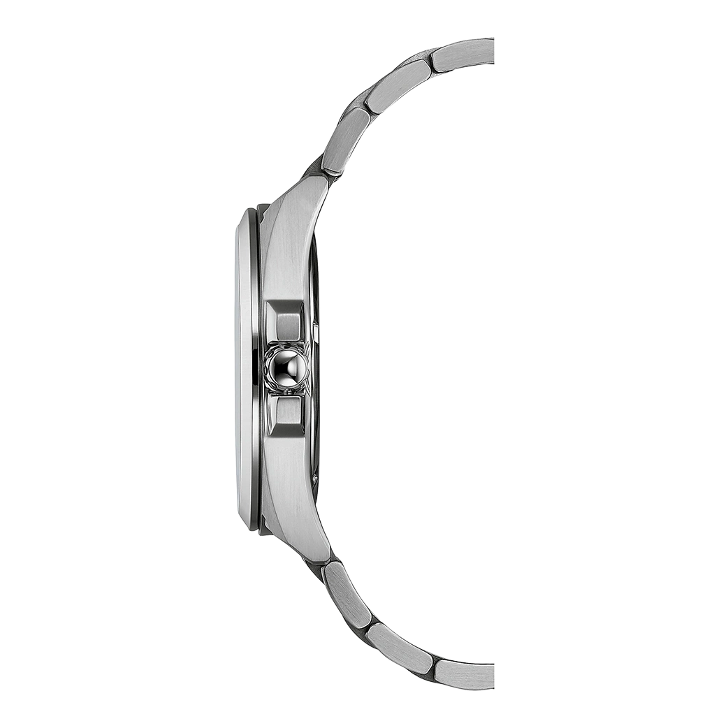 Side view of a silver wristwatch with a metal band and a round face.