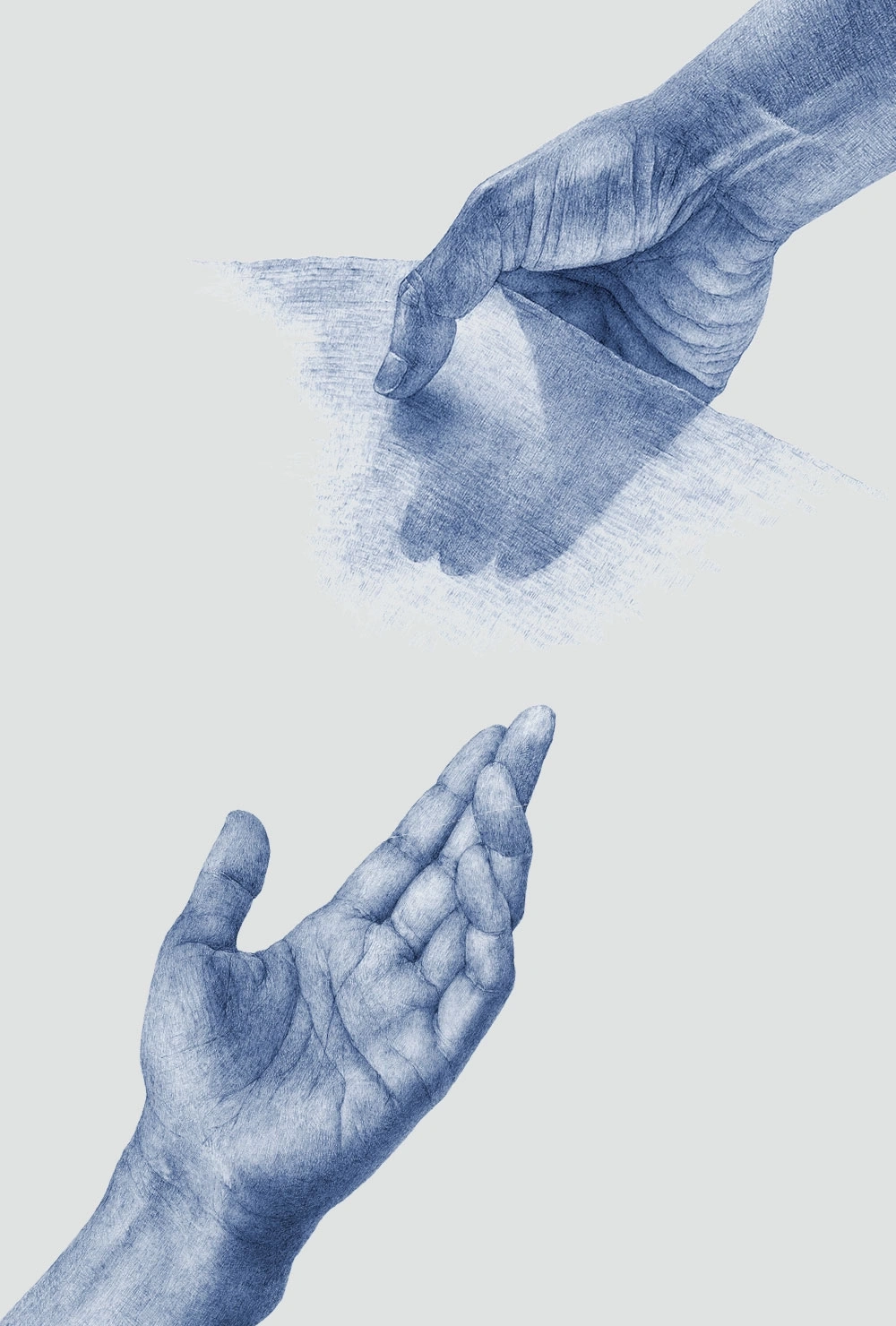 Two hands reaching out, a drawing in blue on a gray background.