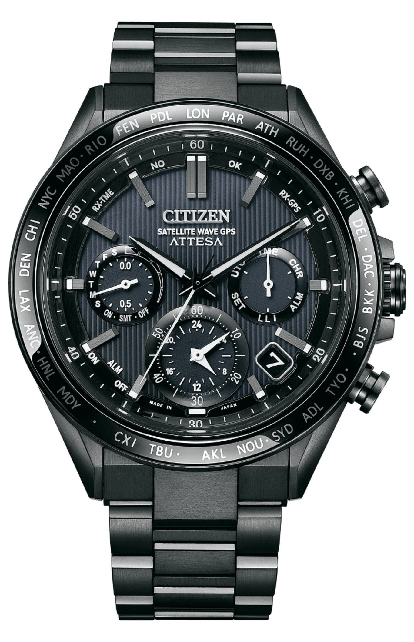 Black Citizen Attesa watch with multiple dials and world time indicators, a stylish accessory.