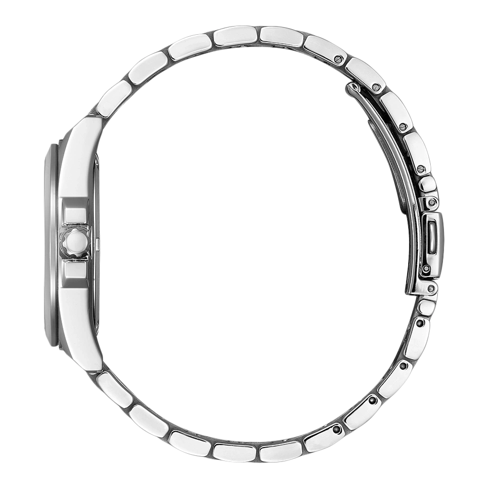 Side view of a silver wristwatch with a metal band and clasp.