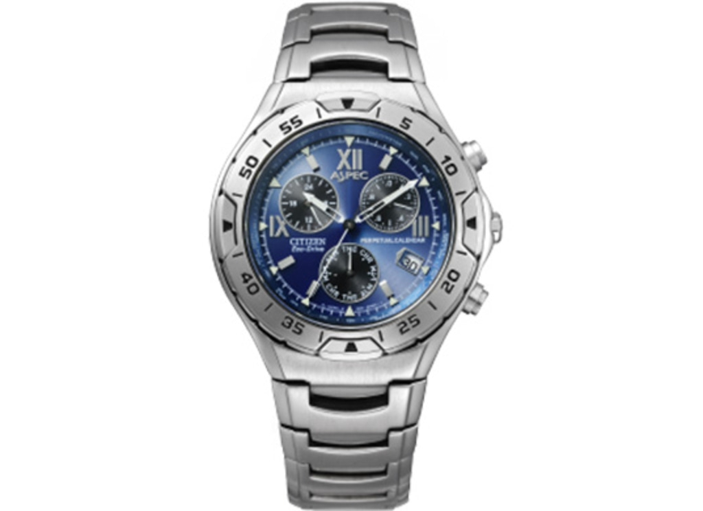 Silver Citizen watch with blue face, chronograph, and perpetual calendar.