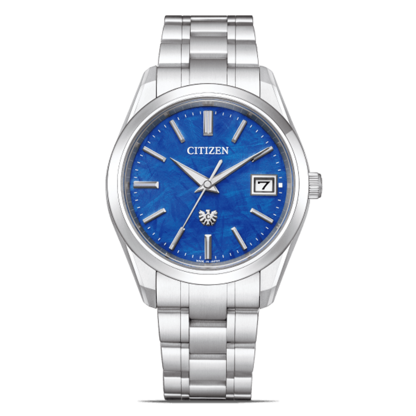 Citizen-Uhr mit blauem Zifferblatt und silbernem Armband, Datumsanzeige.