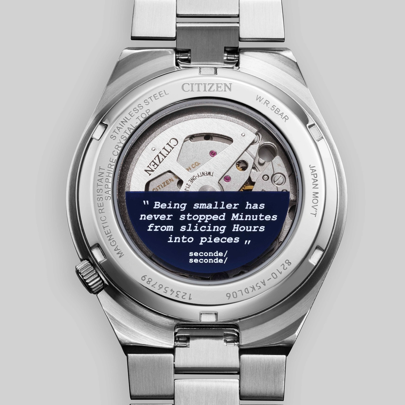 Back of a Citizen watch with a quote about time.