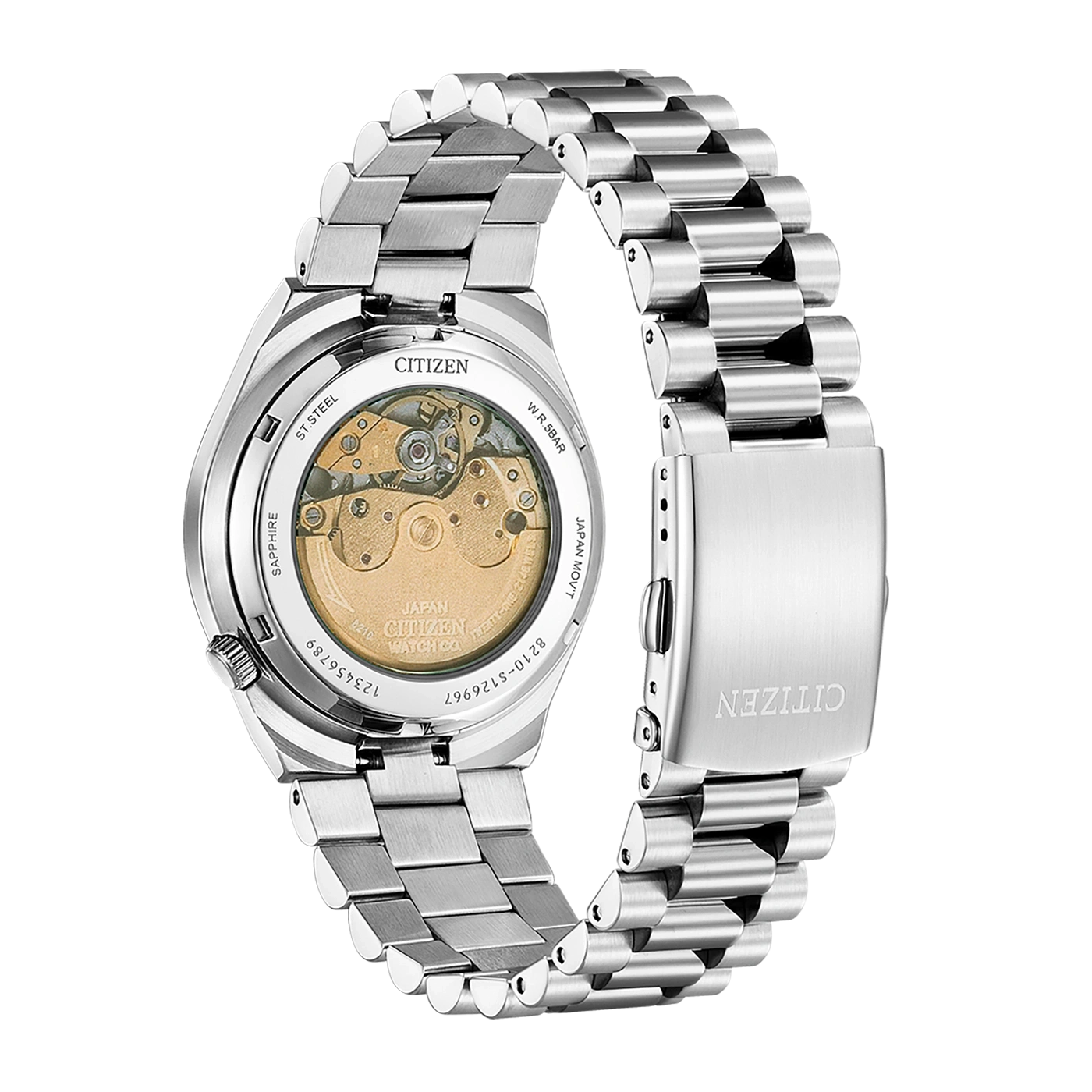 Citizen watch back, sapphire, stainless steel, Japan movement, 5 bar water resistance