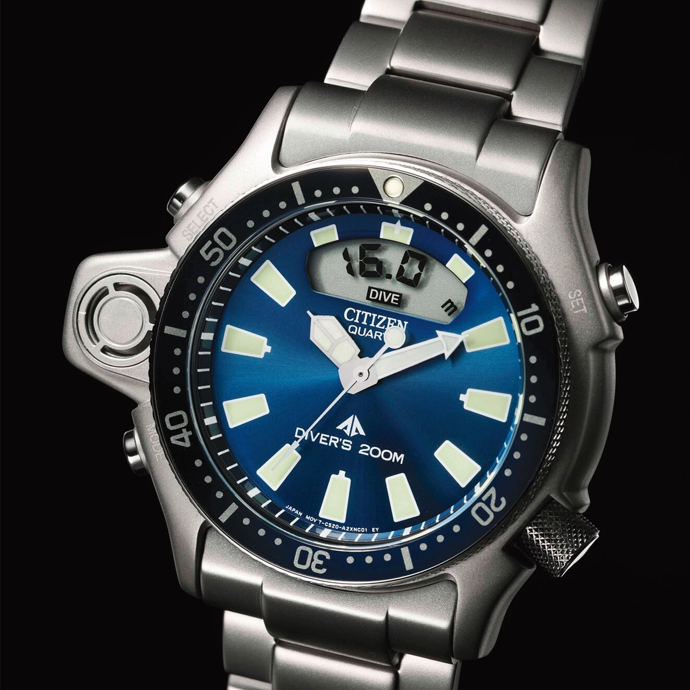 Citizen watch with blue dial, digital display, and diver's 200m rating.