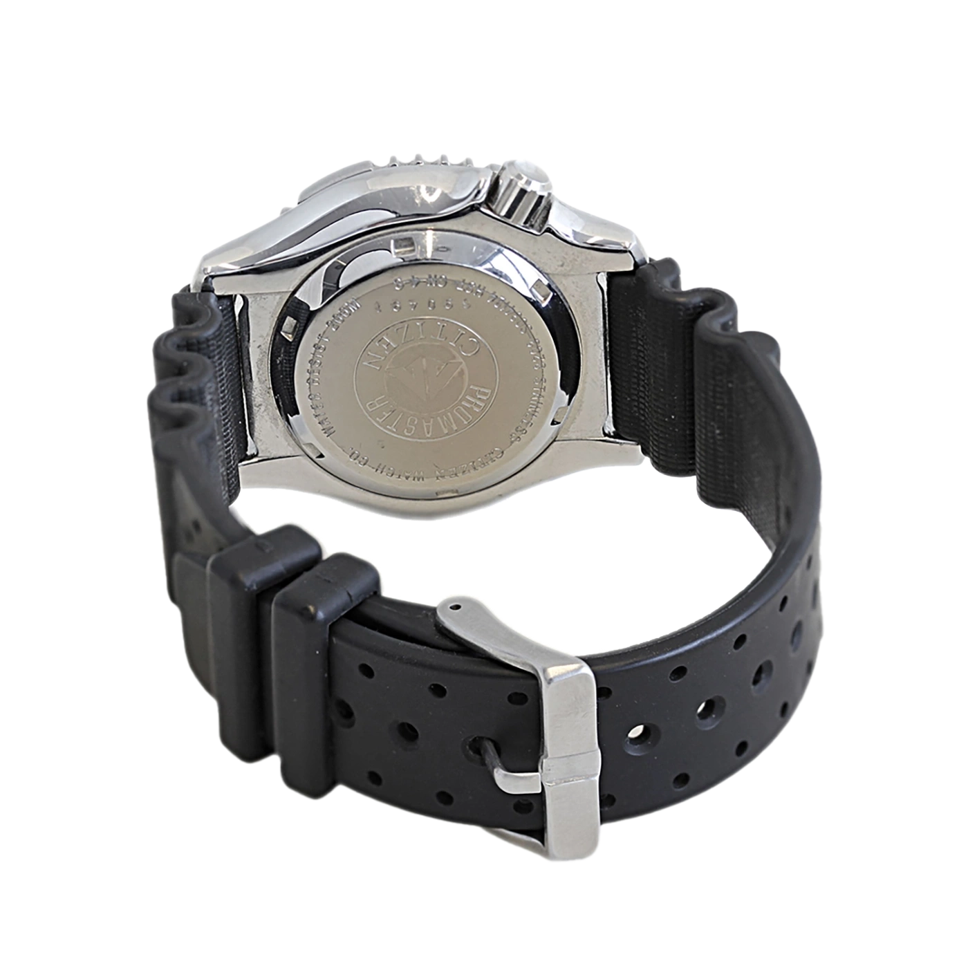 Citizen Promaster watch, black strap, stainless steel case, back view, close-up