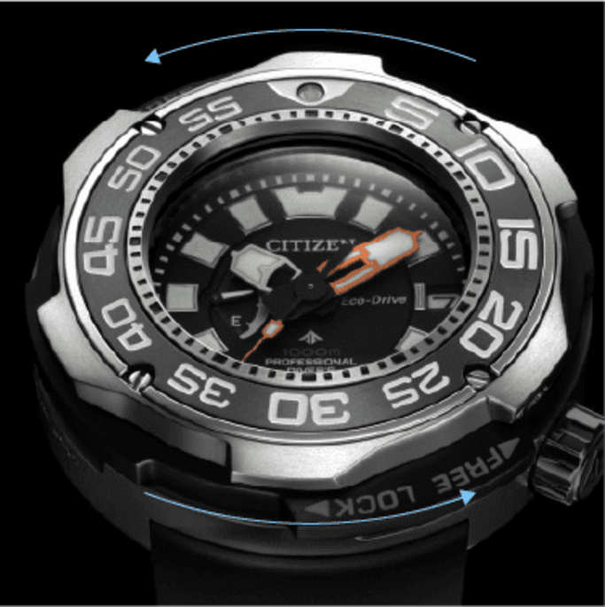 Citizen watch with rotating bezel, Eco-Drive, and depth rating of 1000m, with a lock.