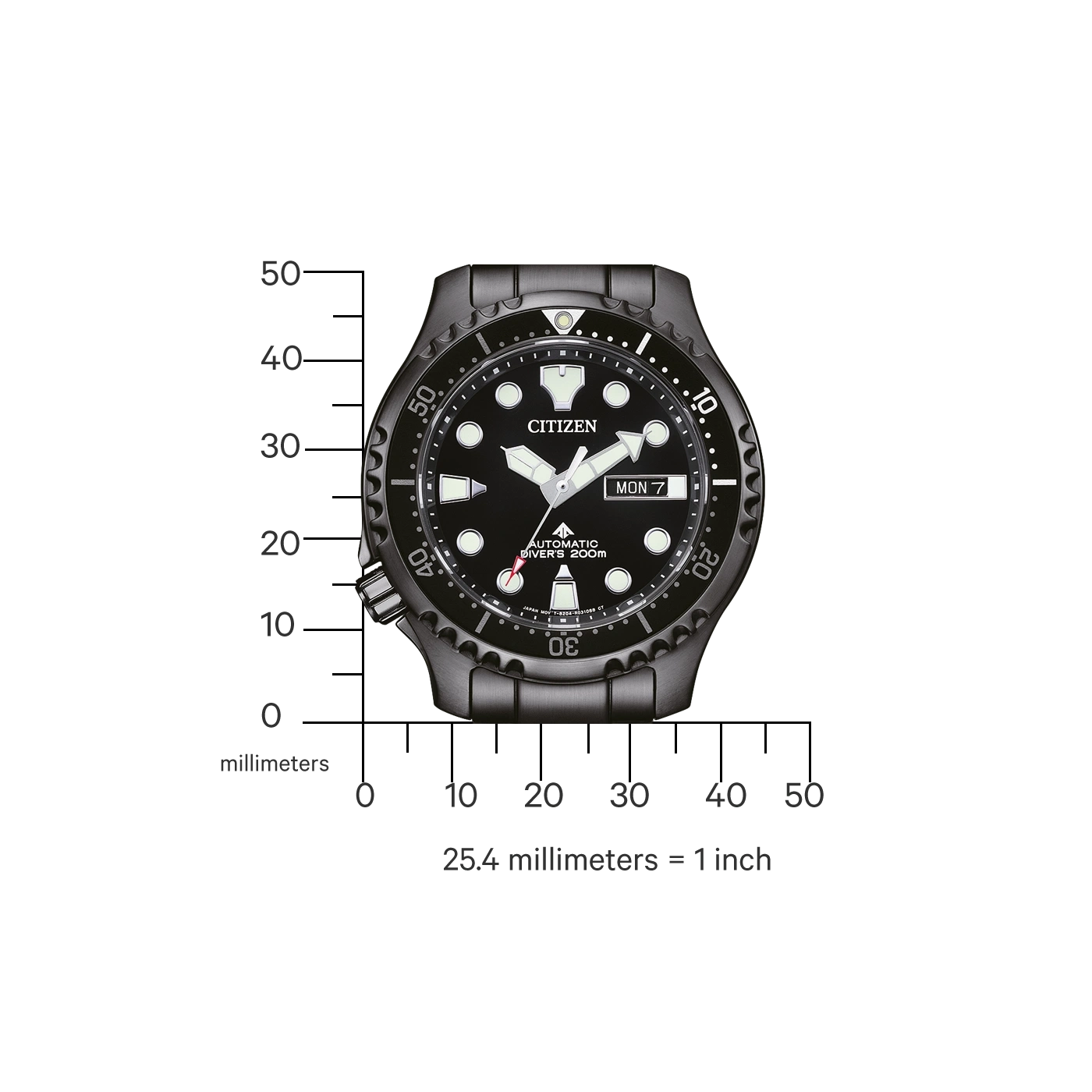 Citizen watch with black dial, diver's watch, with date display and scale.