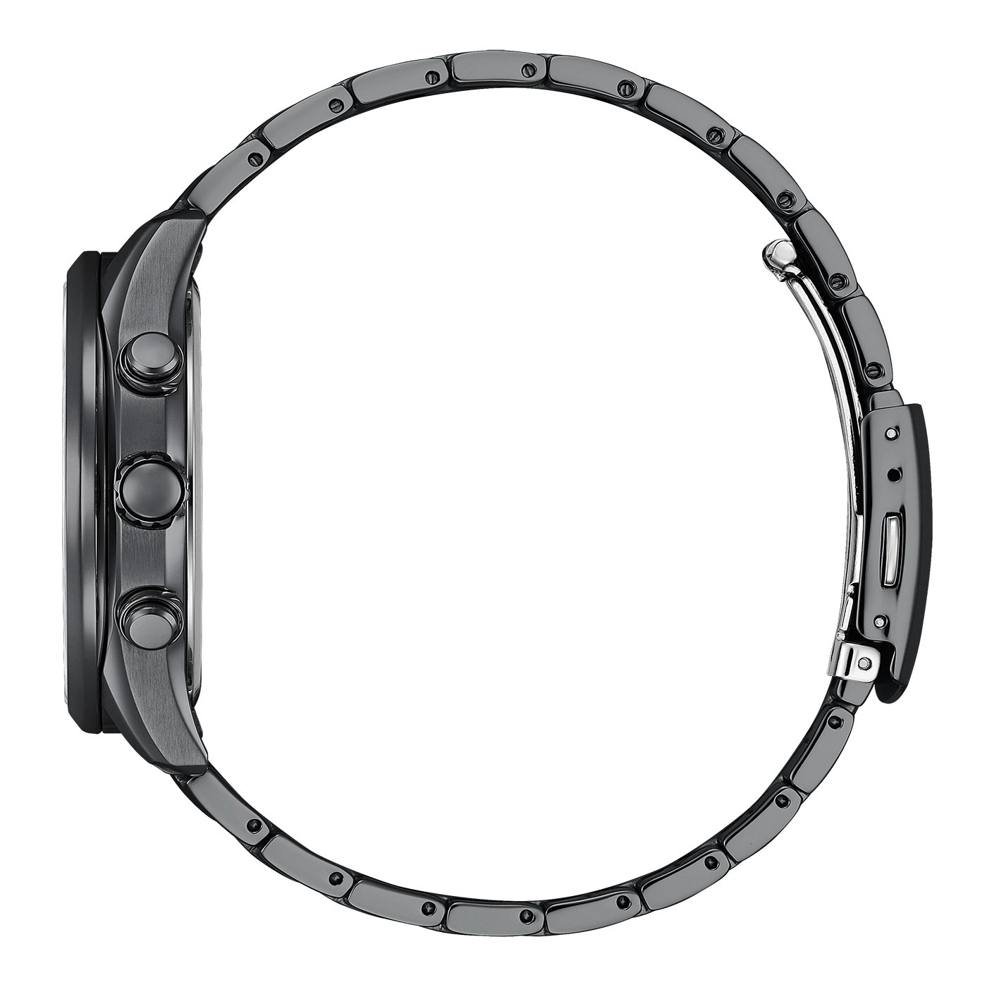 Side view of a black watch with a black bracelet and buttons.