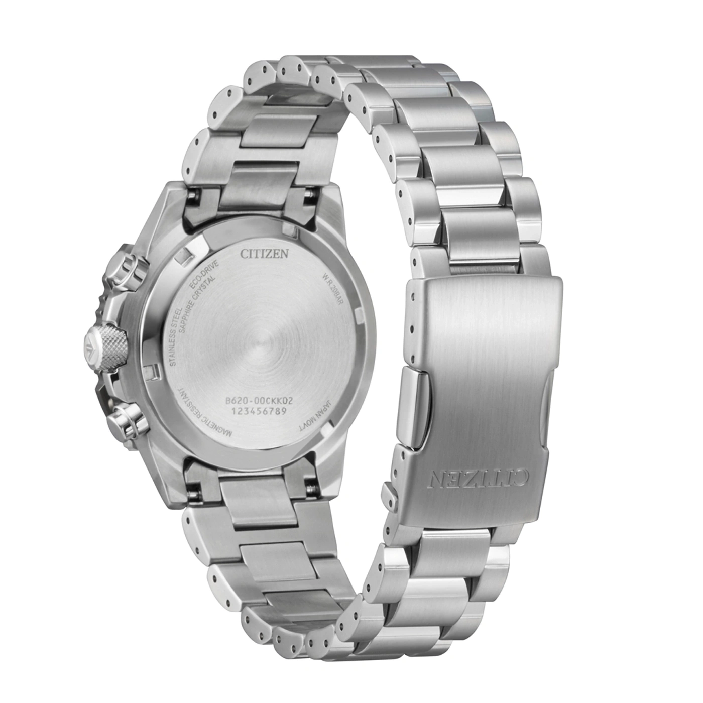 Back view of a stainless steel Citizen Eco-Drive watch with a metal band.