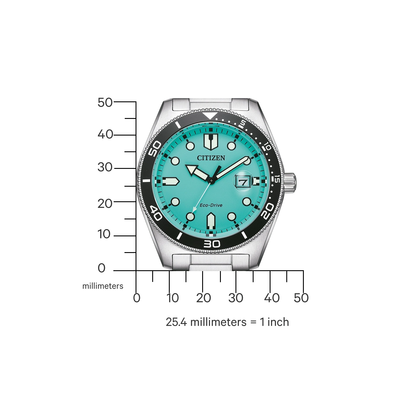 Citizen watch with turquoise face, black bezel, and silver band. Eco-Drive.