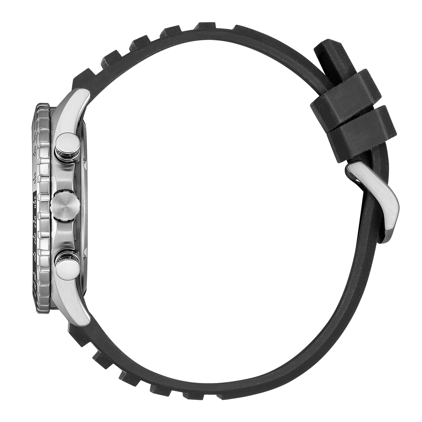 Side view of a black rubber watch band with a silver watch case.