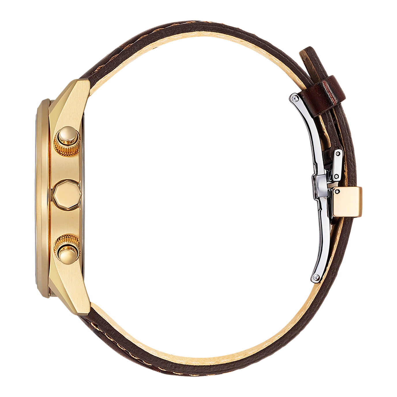 Gold watch with brown leather strap, side view, close-up shot