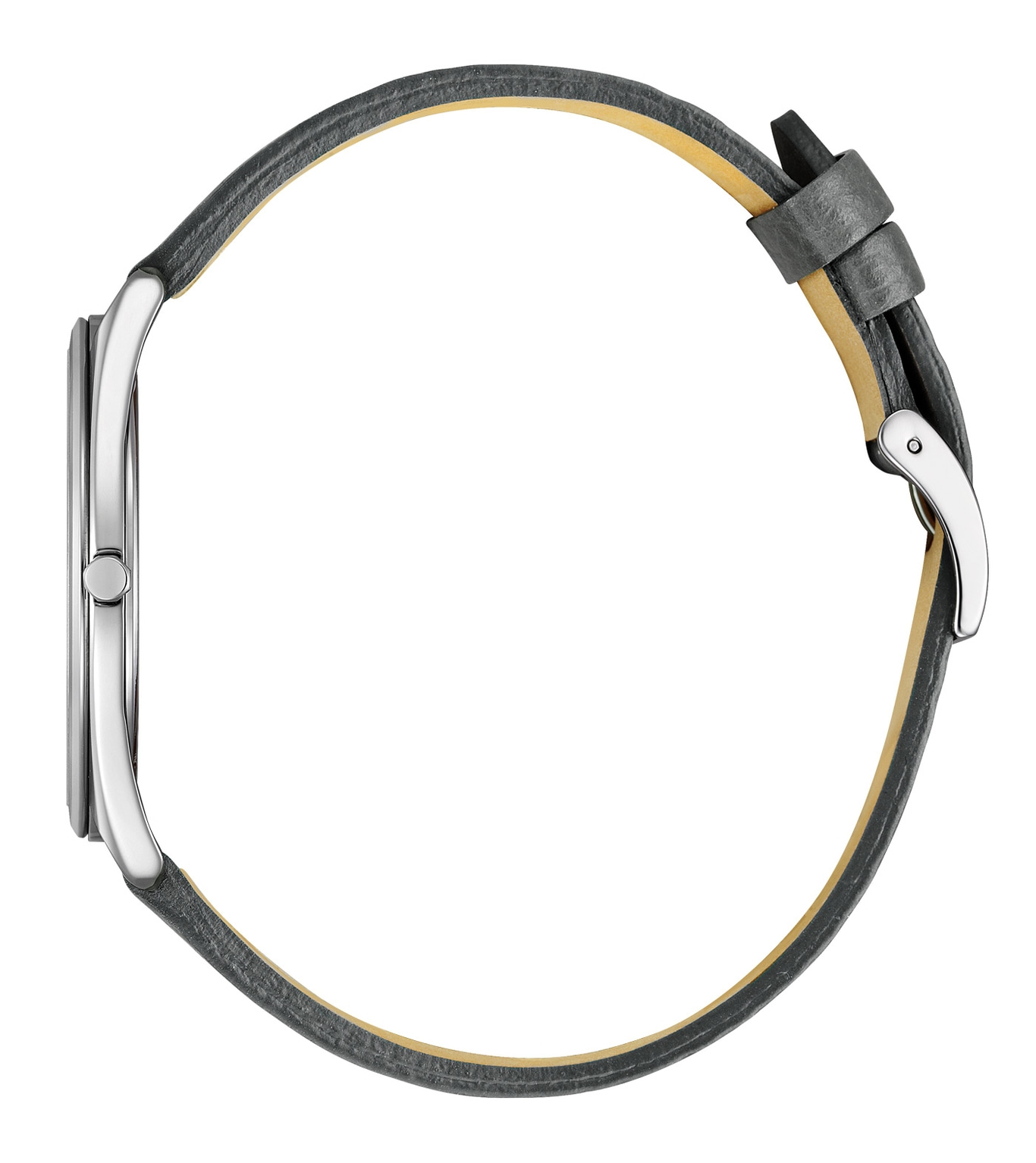 Side view of a silver watch with a gray leather strap.