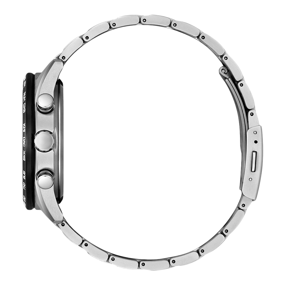 Side view of a silver wristwatch with a metal band and buttons.