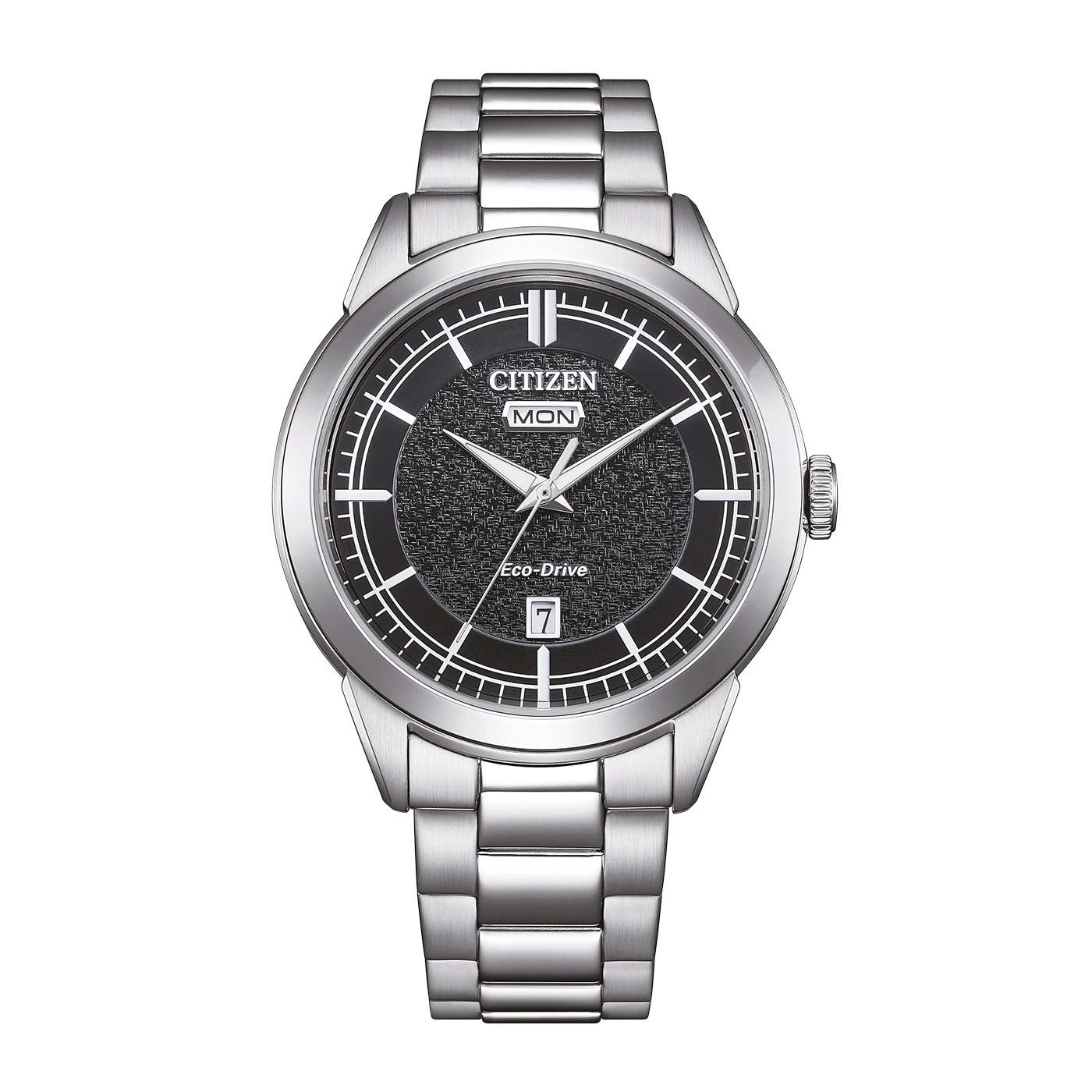 A silver Citizen Eco-Drive watch with a black textured dial and day/date window.
