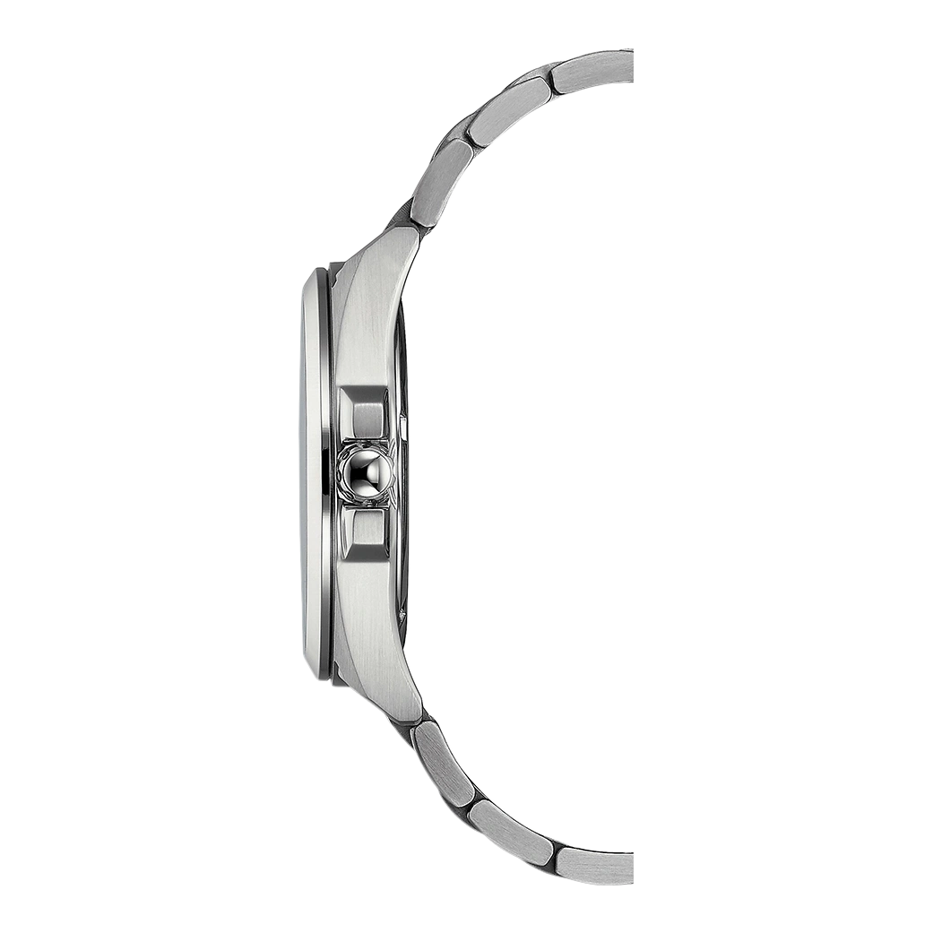 Side view of a silver wristwatch with a metal band, isolated on white