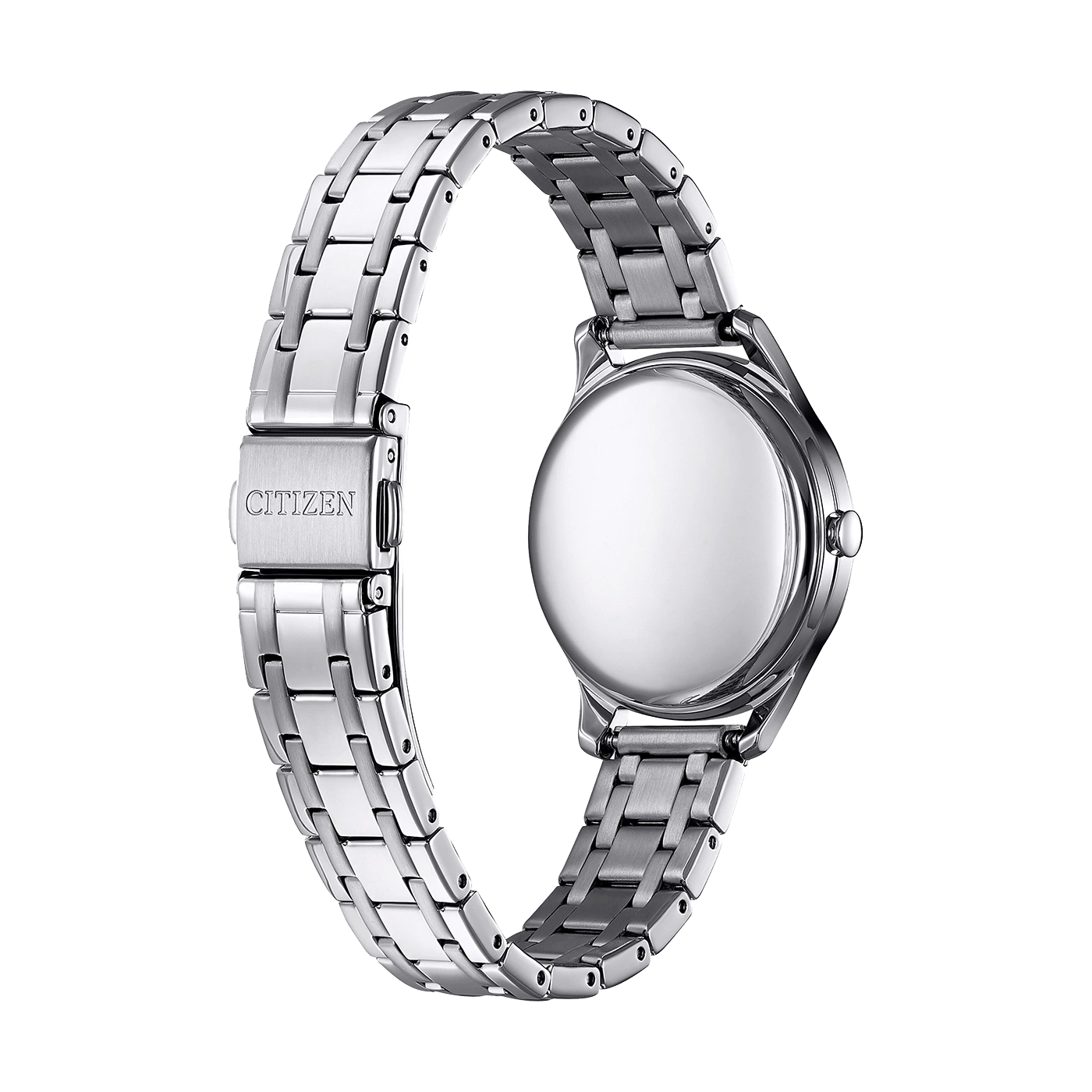 Citizen watch, stainless steel, back view, elegant design, shiny metal, close-up