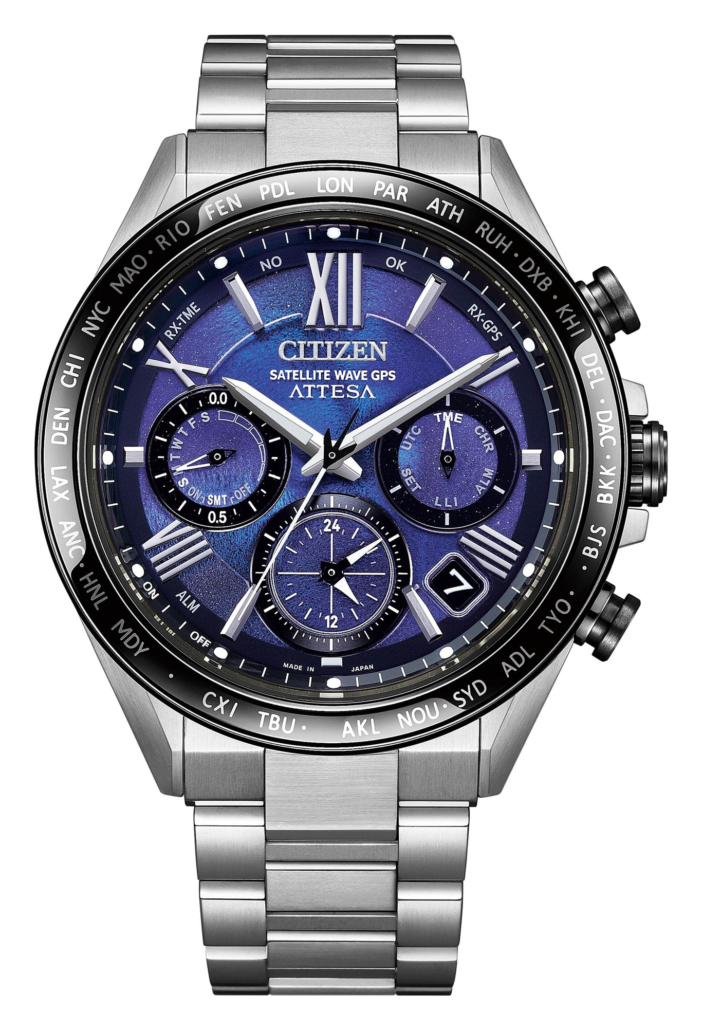 Citizen Attesa watch with blue dial, world time, and satellite GPS technology.