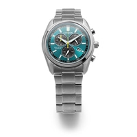 A Citizen Eco-Drive Titanium chronograph watch with a teal dial.