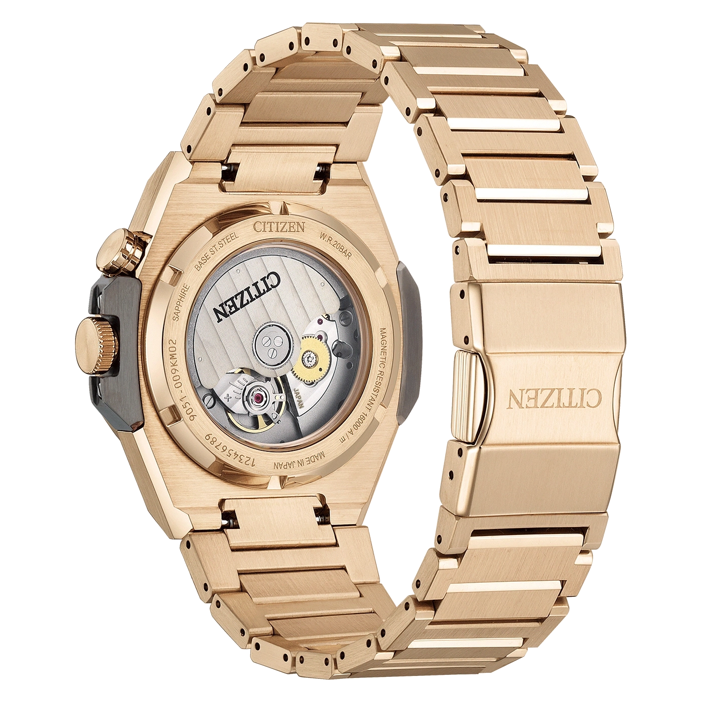 Citizen watch back, gold, sapphire, Japanese movement, water resistant, magnetic resistant.