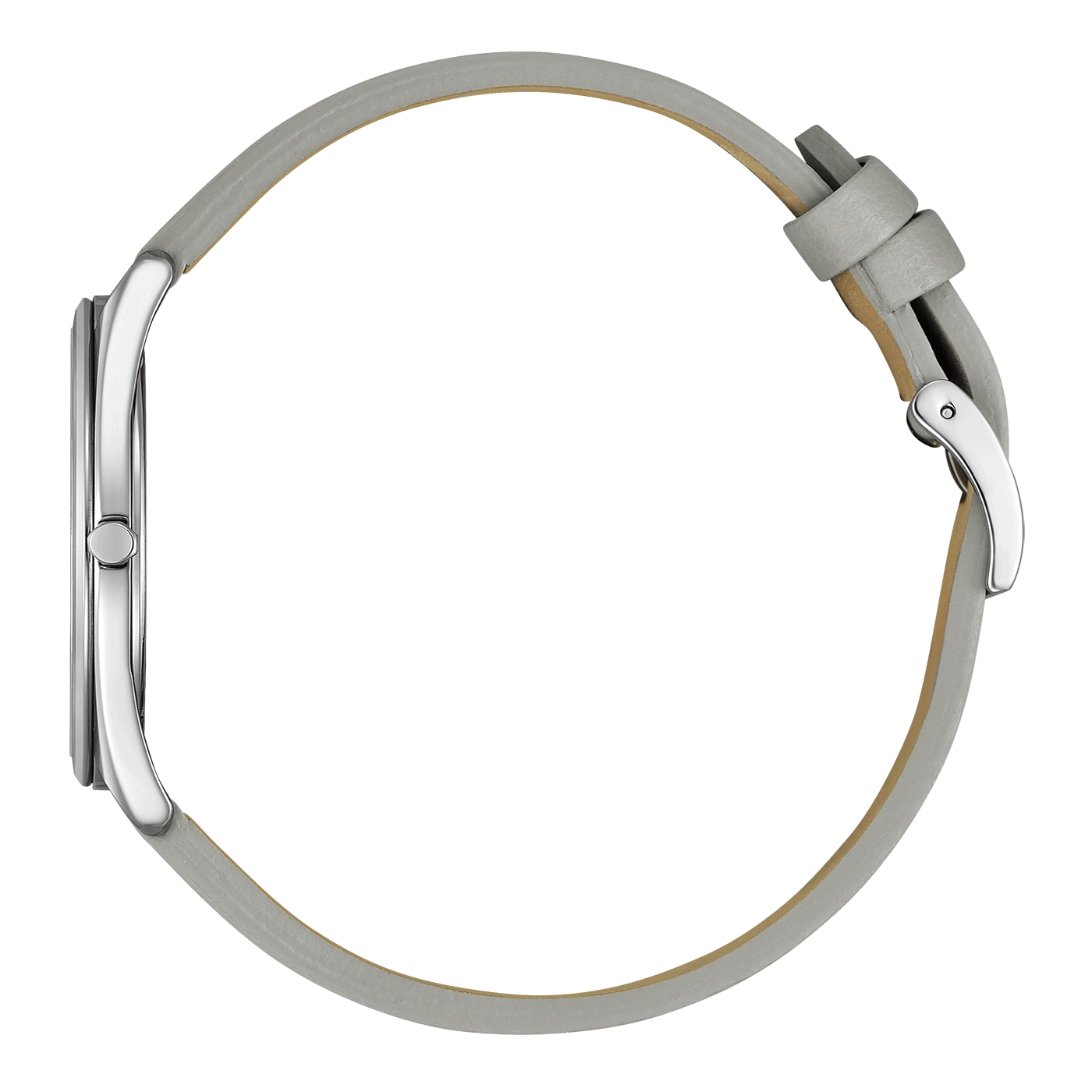 Side view of a silver watch with a grey leather strap on a green background.