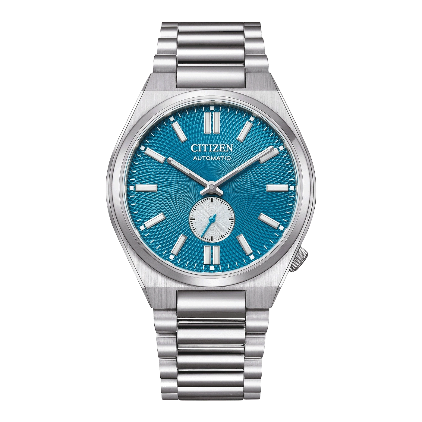 Citizen automatic watch with a blue dial and silver bracelet.