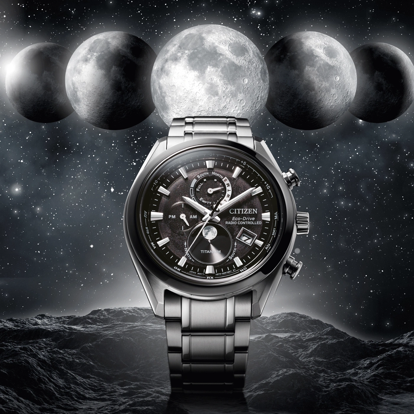 Citizen watch with moons in space, Eco-Drive, radio controlled, titanium.