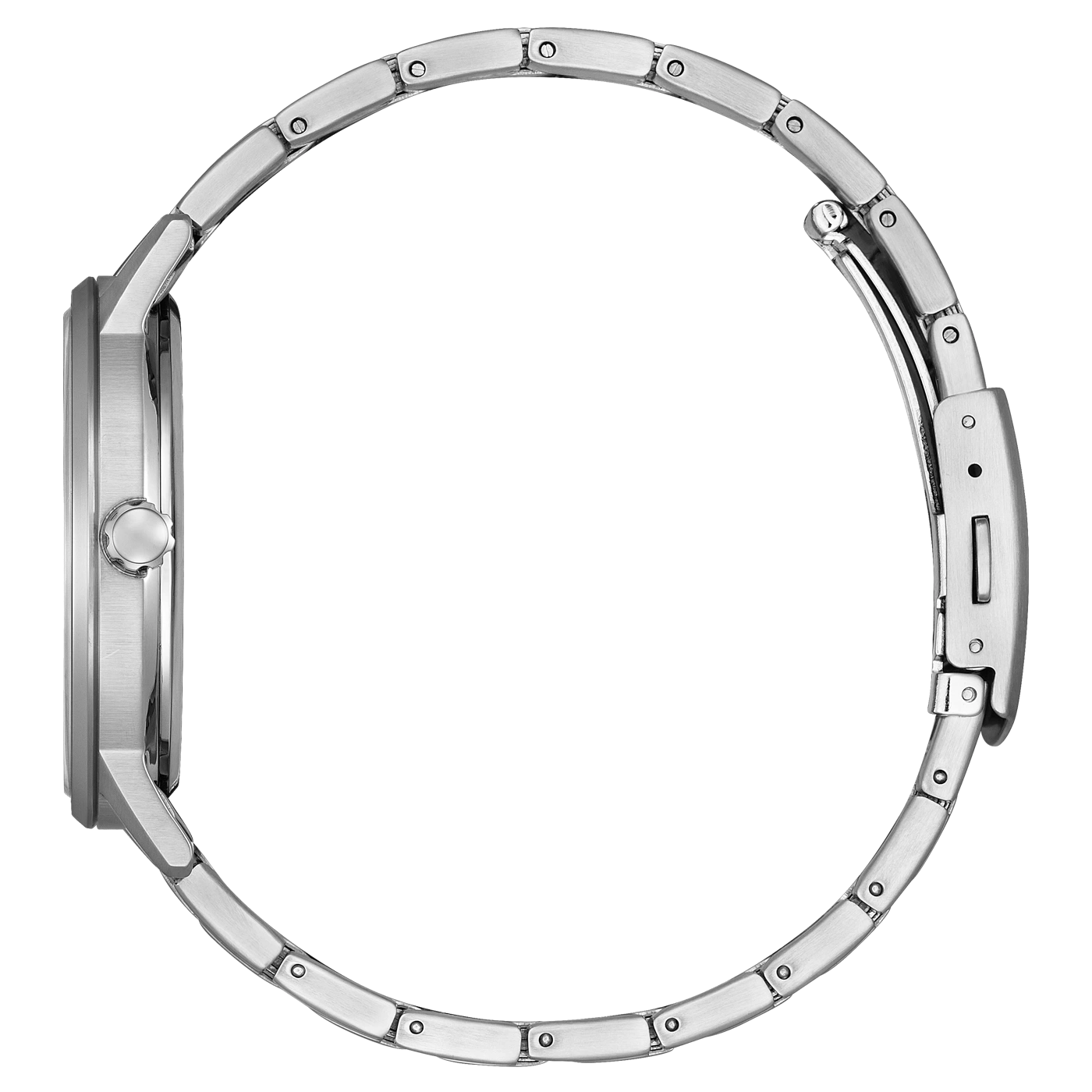 Silver watch with a metal strap, side view, isolated on white background.
