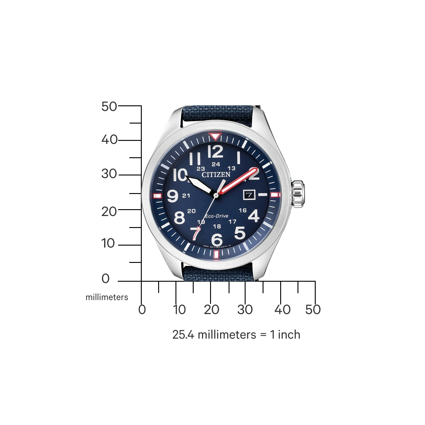 Citizen watch with blue face, numbers, and a blue strap. Eco-Drive.